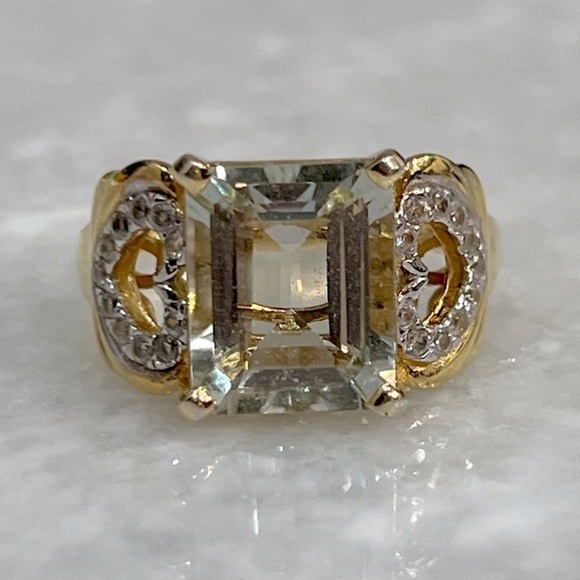 Jewelry - Green Amethyst White Zircon 14K YG Sterling Silver Ring